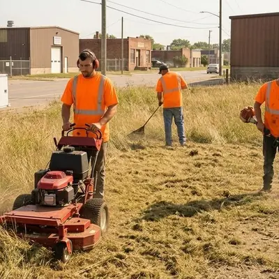 A crew mowing, raking, and trimming overgrown grass on a vacant commercial lot.