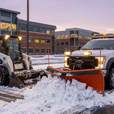 A plow truck and skid steer clearing snow at a commercial office park at dawn.
