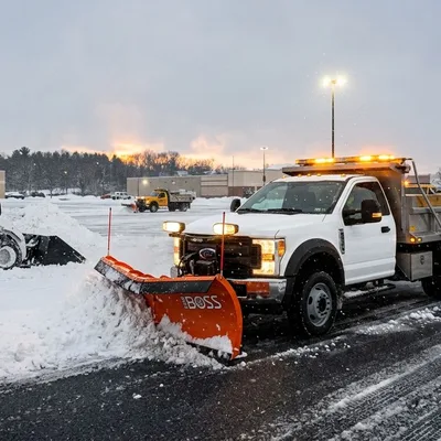 A plow truck clearing a commercial parking lot at dusk.